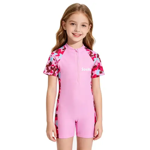 Girls Pink Sporty Striped One Piece Swimwear Summer Short Sleeve Zipper Rash Guard Kids Quick Dry Bathing Suit for Beach