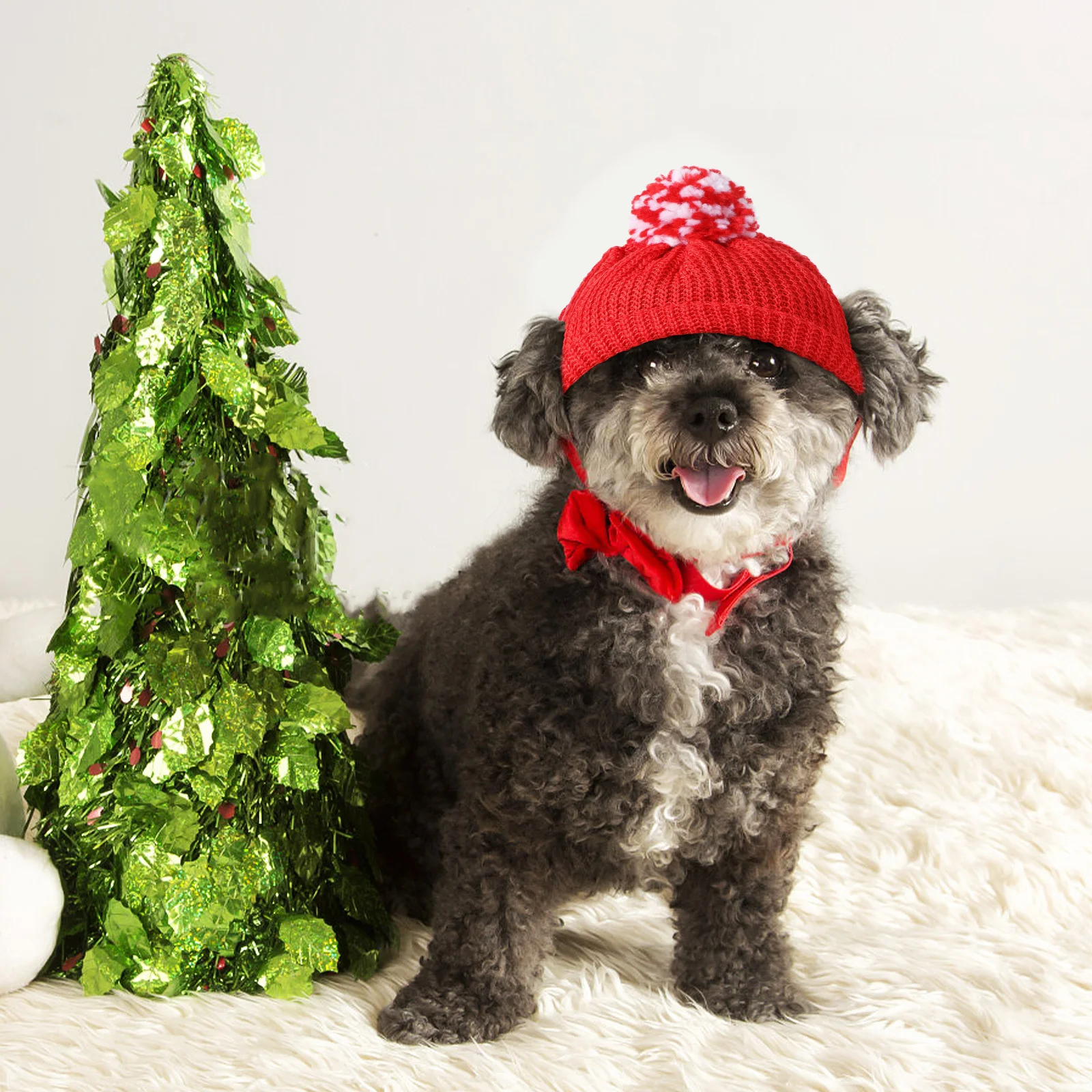 

Pet Christmas Red Knitting Wool Warm Santa Hat with Ear Holes Easy Adjust Sticker Closure for Dog Cat Puppy Winter Walks