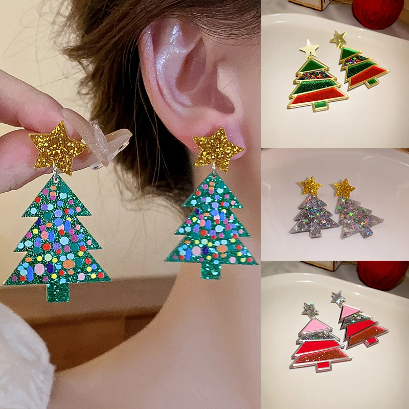 2 Pairs Resin Stars Christmas Trees Super Sparkle Colorful Sequin Geometric Dangle Earrings for Women Festival Ear Jewelry Sets