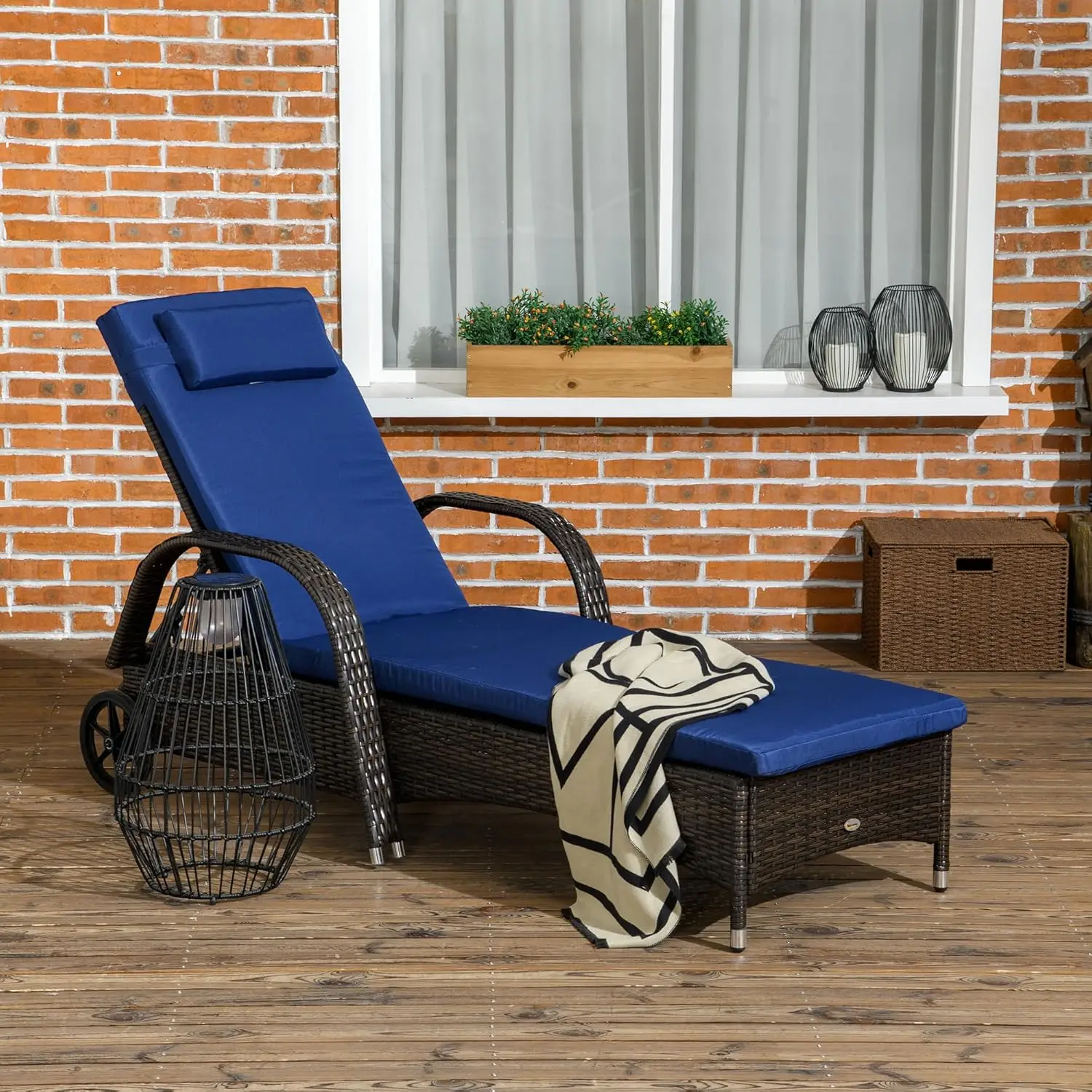 Wicker Outdoor Chaise Lounge, 5-Level Adjustable Backrest PE Rattan Pool Lounge Chair with Wheels, Cushion & Headrest, Brown and