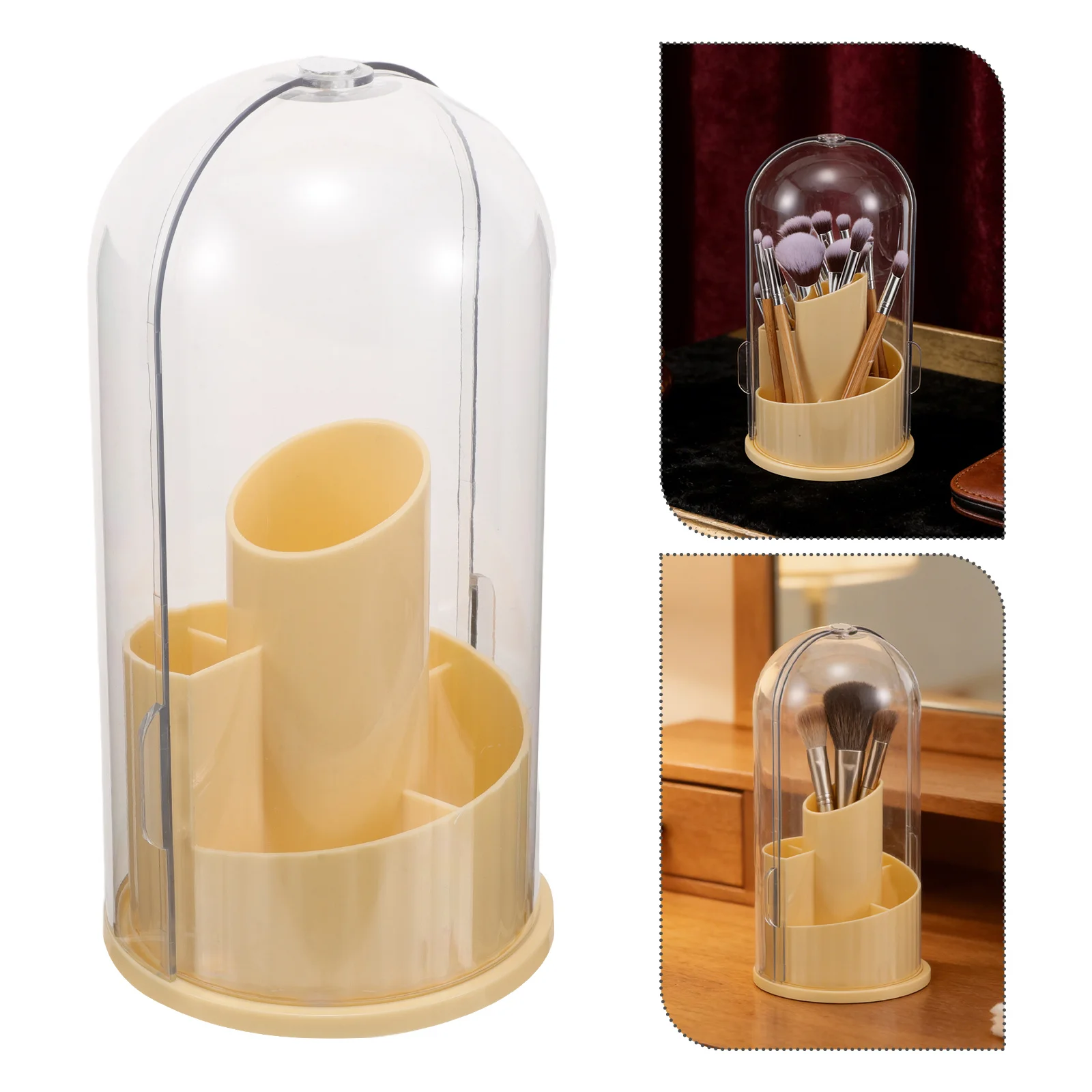

1pcs Makeup Brush Storage Box Yellow 360° Rotating Dust Proof Holder Covered Turntable Organizer For Bathroom Vanity Desktop -