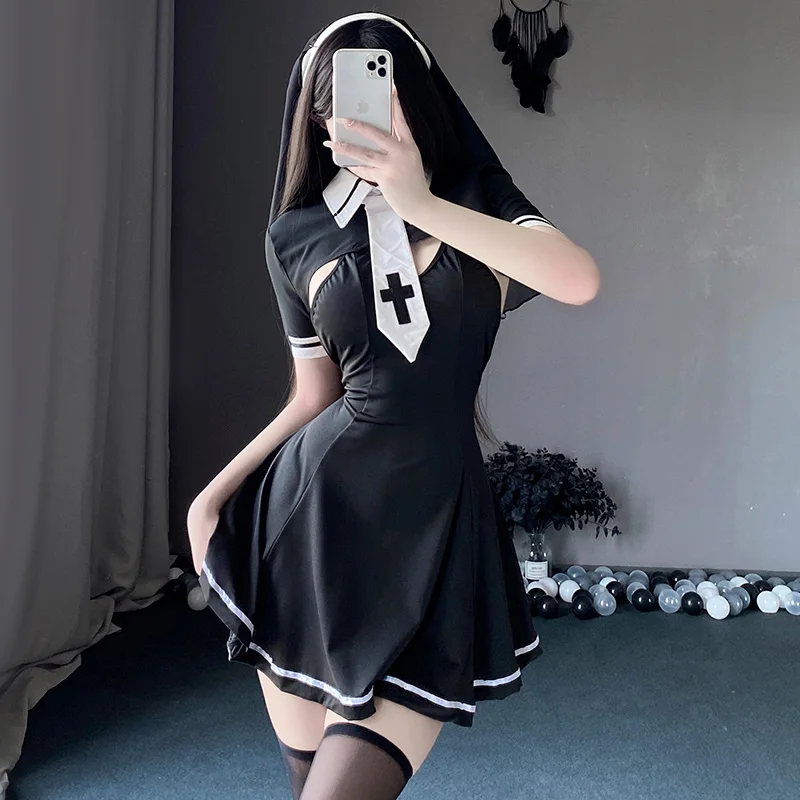 Sexy Nun Costumes Women Fancy Anime Roleplay Outfits Gothic Maid Uniform Nun Dress Erotic Lingerie Set Halloween Party Clothing