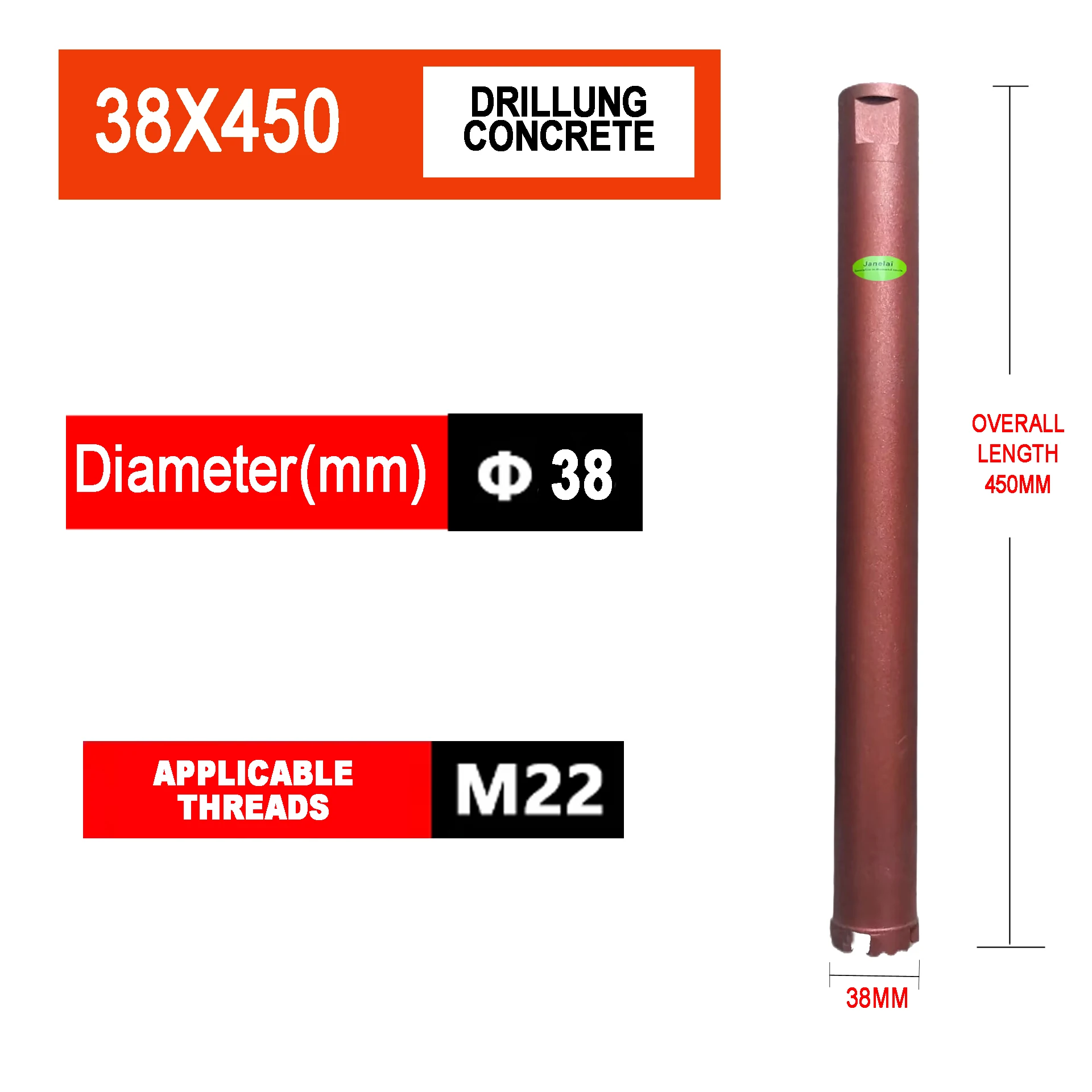 

Janelai Diameter Range 38x450mm Length Diamond Hole Saw Core Bit Deep hole drill For Drilling Holes On Concrete/Brick Wall