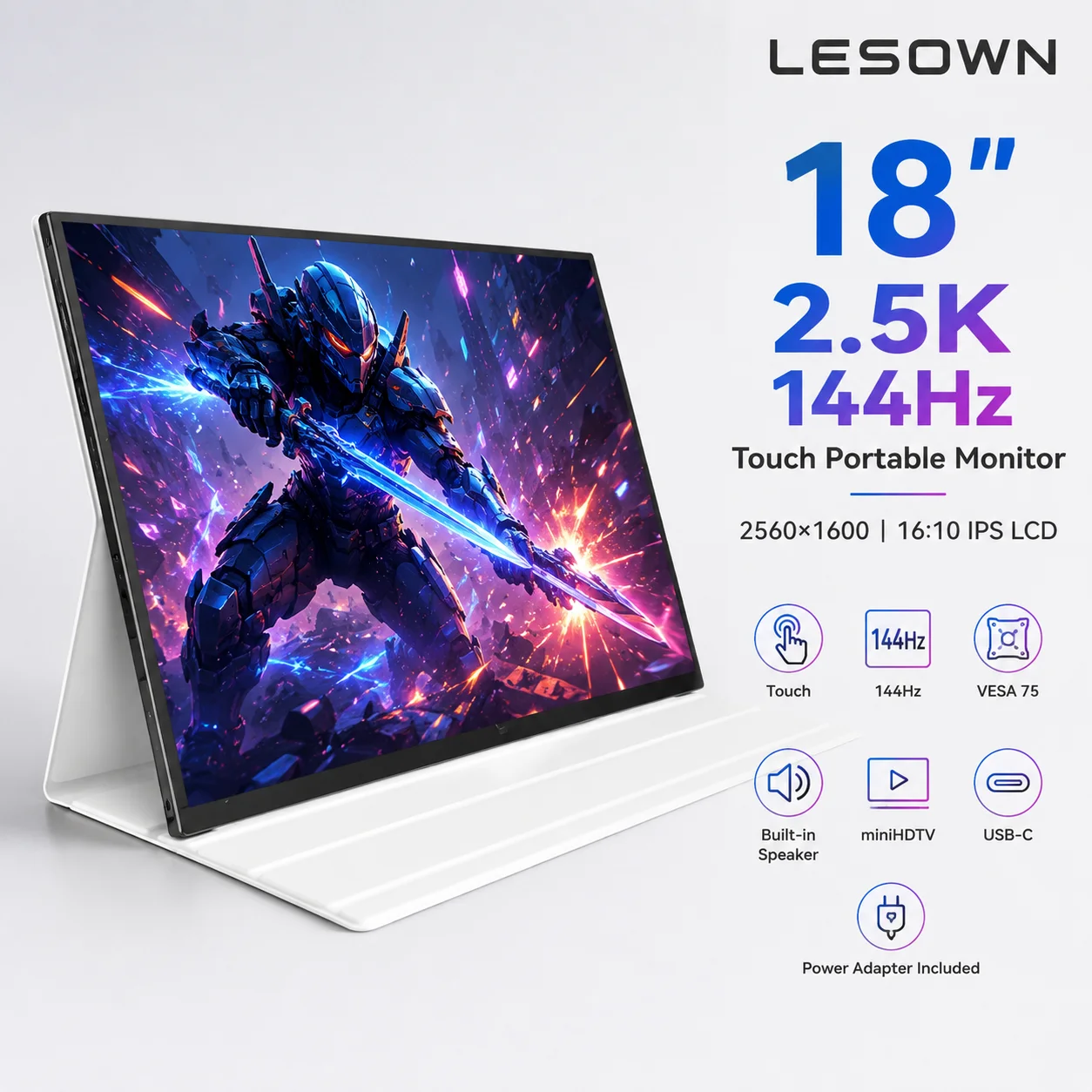 LESOWN 18 Inch 2.5K 144Hz Touch Portable Monitor 2560x1600 16:10 USB-C Gaming Second Screen for Laptop PC