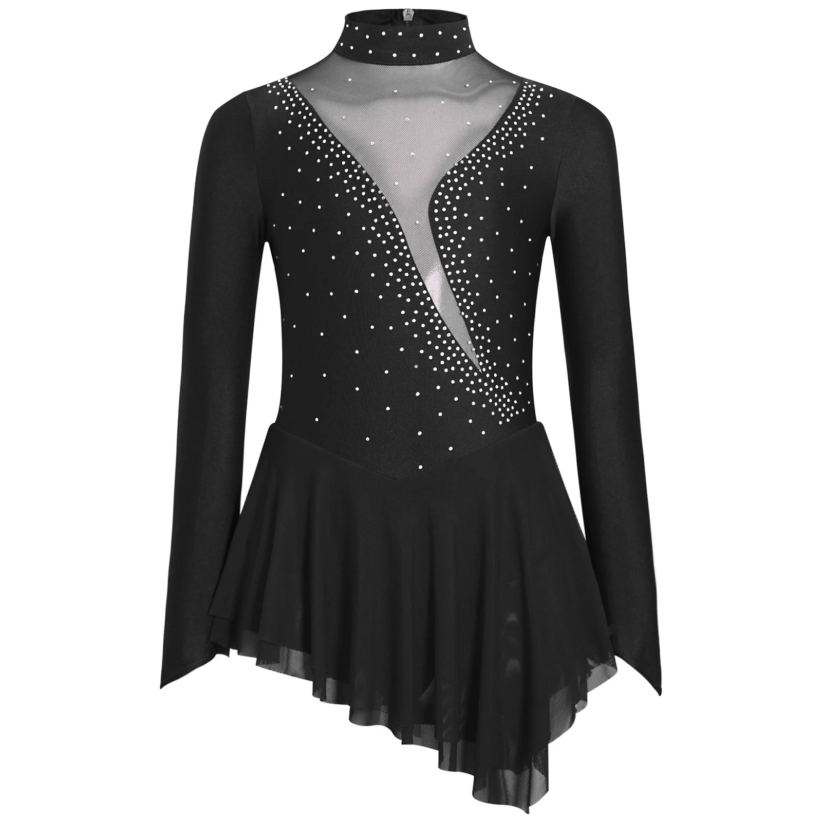 Kids Girls Figure Skating Dance Gymnastics Costume Long Sleeve Rhinestones Sheer Mesh Ballet Tutu Dress Performance Dancewear