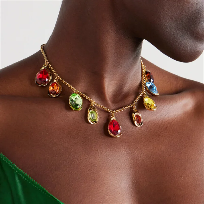 Multi-color Teardrop Glass Crystal Choker Necklace, Vintage Mixed Red Green Blue Yellow Gem Charms, Party Jewelry Gift for Women