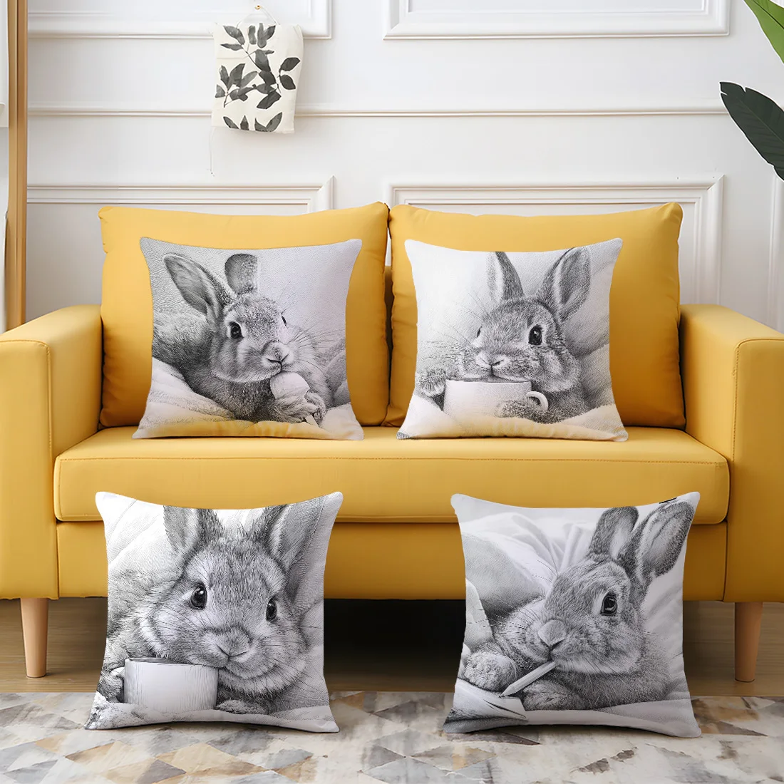 4pcs Single-sided Printed Pillow Covers Cute Rabbit Sketch Illustration Decorative Zipper Cushion Cases for Living Room Sofa