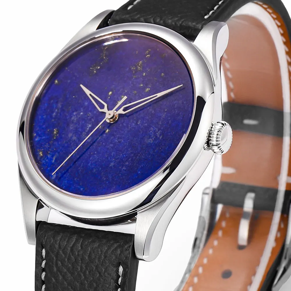 HUASUO Retro 38mm Gemstone Dial Men Watch Natural Lapis Lazuli Swiss SW200 Automatic Mechanical Movement Watches Waterproof 50m