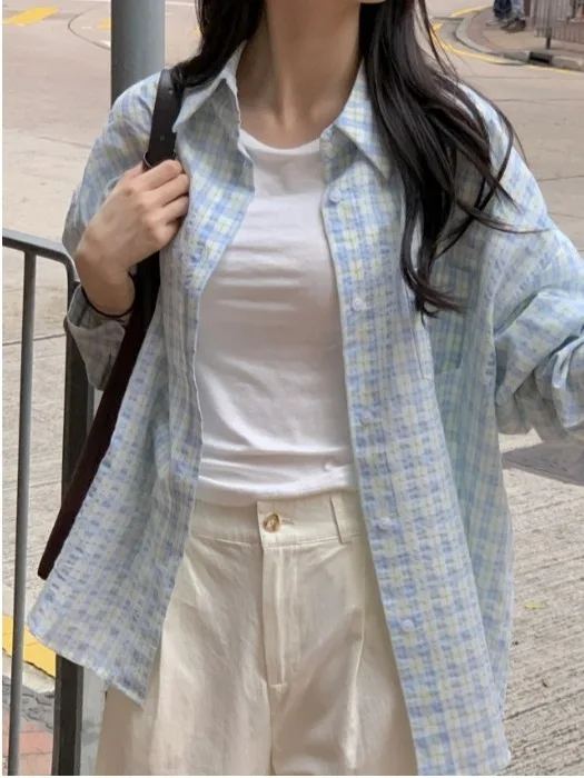 Korean Style Plaid Open Cardigan Women's Fashion Turn-down Collar Thin Sun Protection Shirt Outerwear  Collar Long Sleeve...