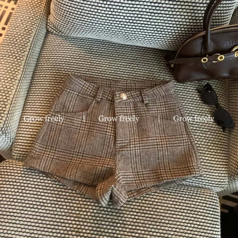 

Женские шорты в клетку с высокой талией - винтажные повседневные мини-шорты из смесовой шерсти