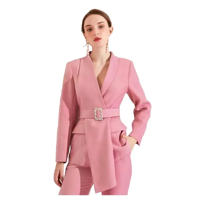 Pop High Quality Women Belt Business Attire Blazers Trousers Suits Set 2 Piece Elegant Slim Fit Pink Formal Office Lady Blazer S