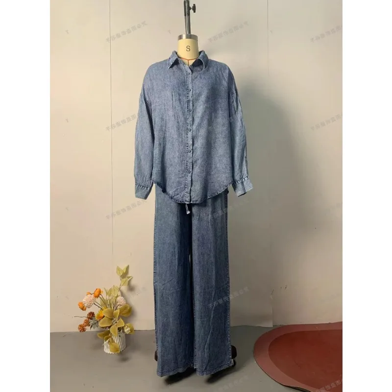 SuperAen Autumn New European American Women's Clothing Casual Denim Loose Shirt Long Pant Sets