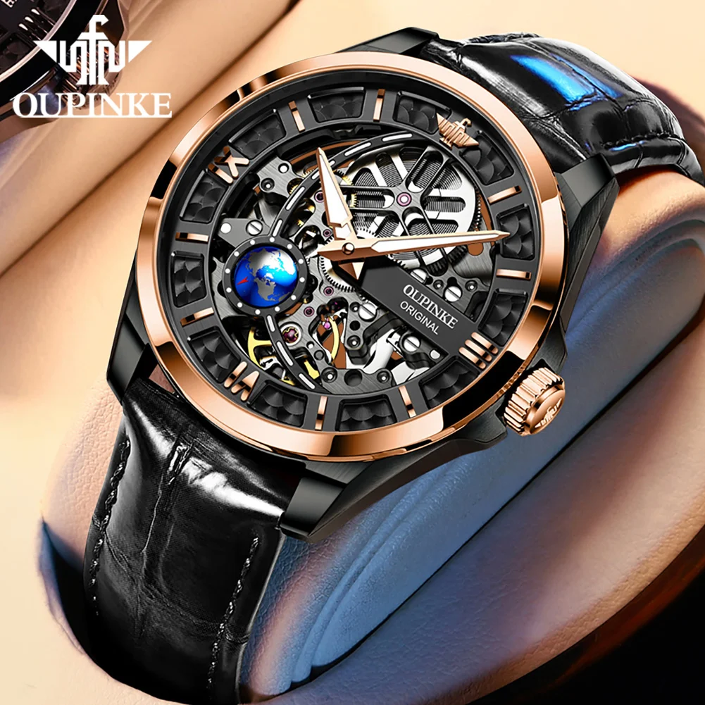 OUPINKE Hollow Out Automatic Mechanical Watch for Men 3D Vision Rotation Globe Seconds Hands Design Original Men's Wristwatches