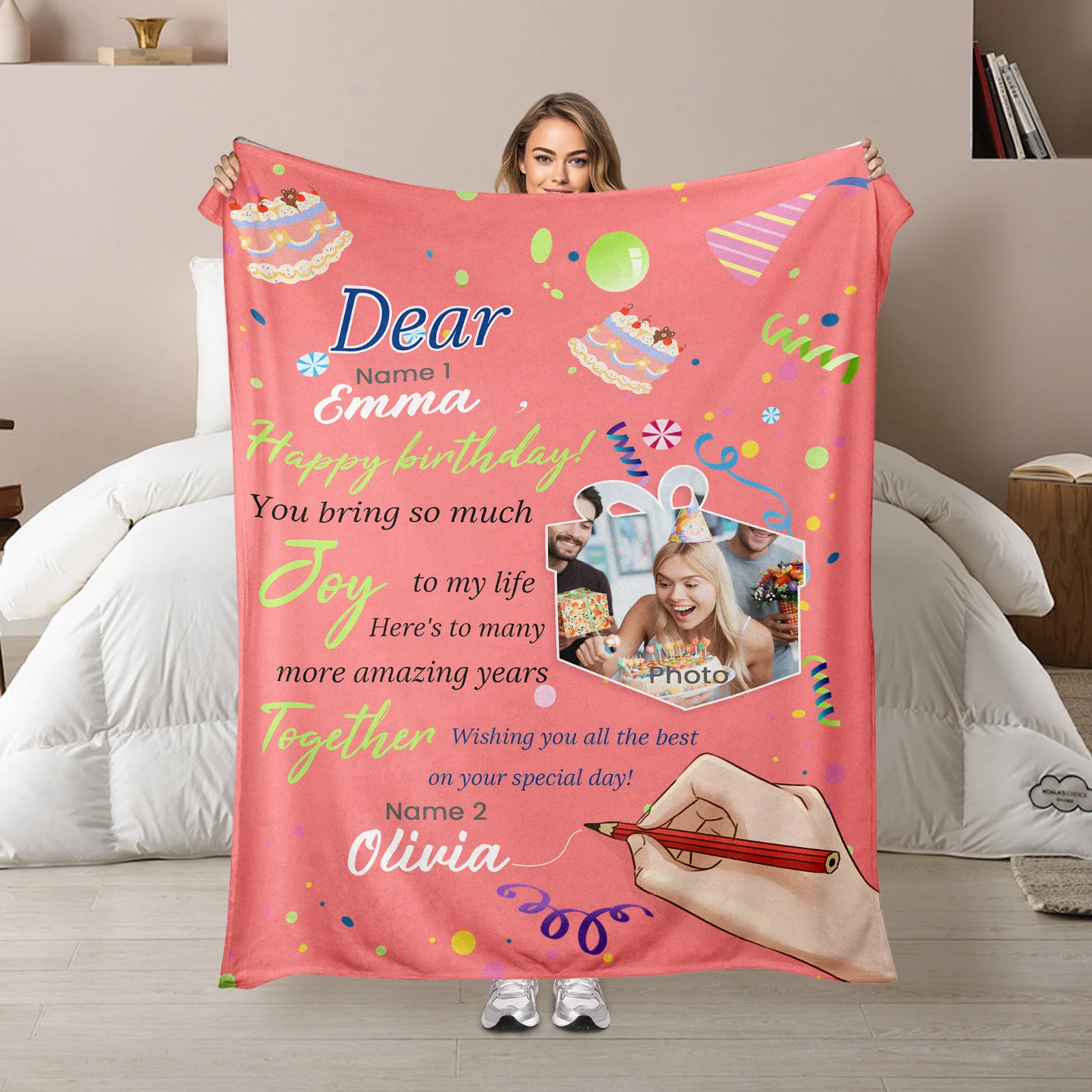 

Custom Handwritten Letter Birthday Cake Ribbon Design Warm Cozy Blanket For Party Decor And Thoughtful Gift Ideas