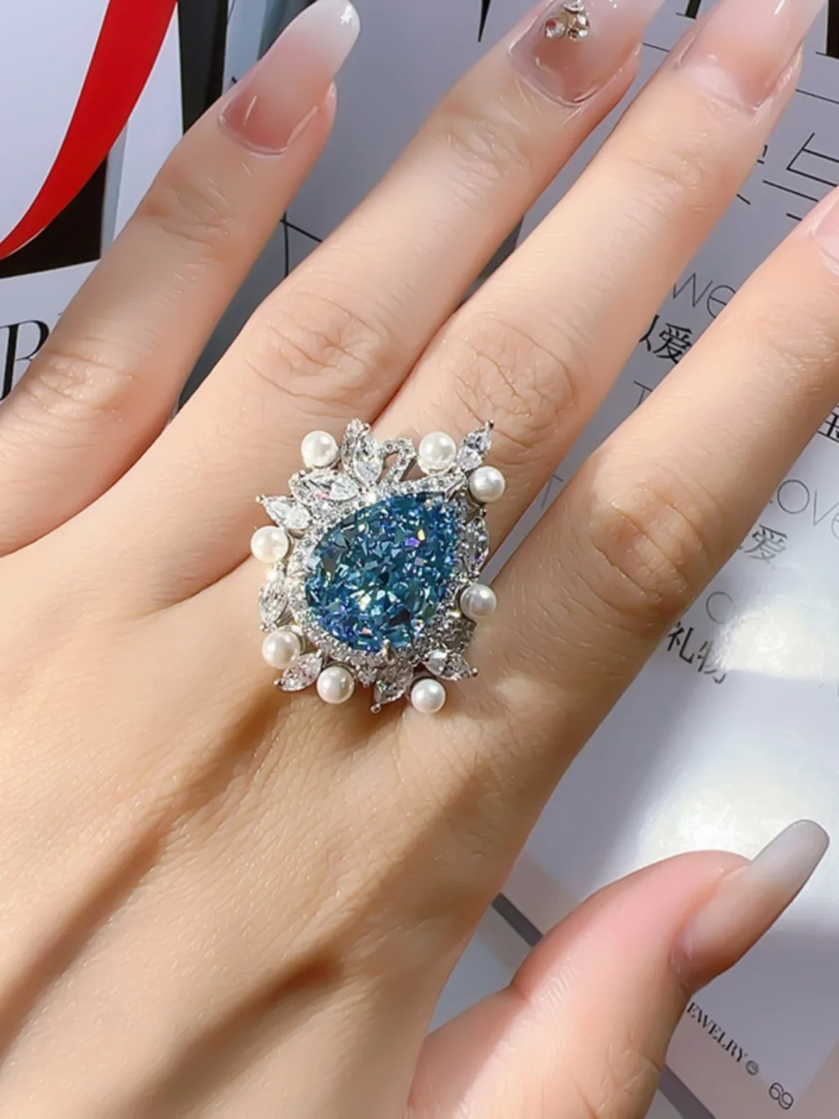 Retro navy blue treasure ring for female niche, light luxury, palace high carbon diamond 925 silver droplet pear shape