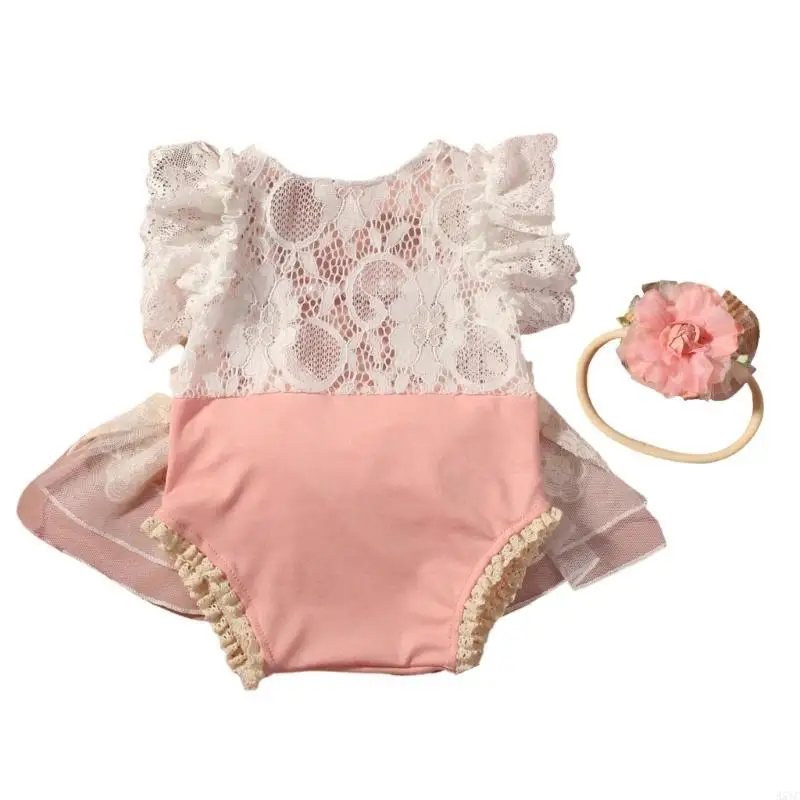 A5YC طقم بدلة رومبير مريحة للأطفال من الدانتيل مع كشكشة رقيقة وعقدة فيونكة لالتقاط صور أنيقة #3