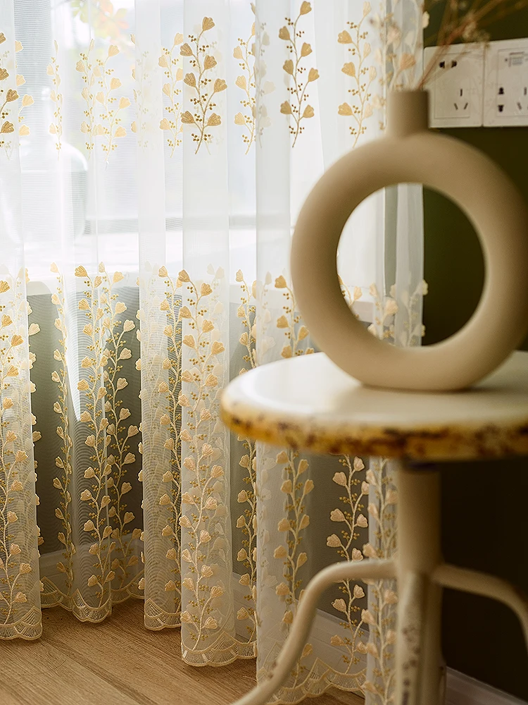 Retro Style Light Luxury Living Room and Bedroom Bay Window High-end Relief Leaf Embroidery Curtain Customization Size 1pc