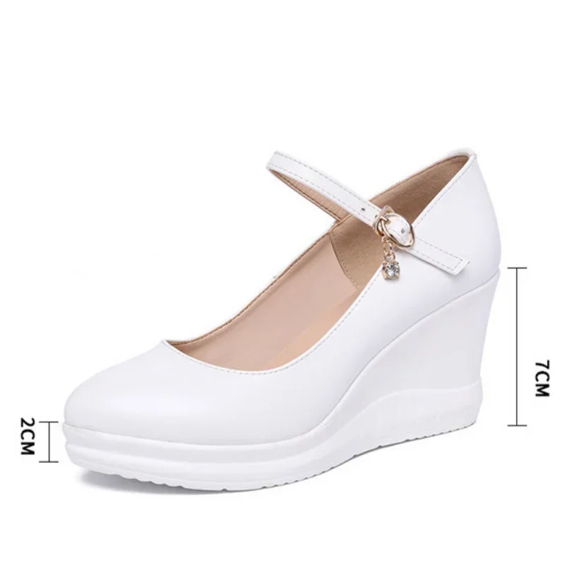 7cm Small Size 32-43 Shallow Red Soft Leather Shoes Woman High Heels Spring 2024 Thick Platform Wedges Shoes for Office Mom