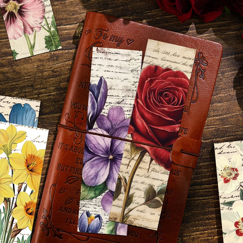 30pcs Vintage Floral Flower Bookmarks Student Reading Books Labeled School Stationary Supplies Aesthetic Bookmark Creative Gift