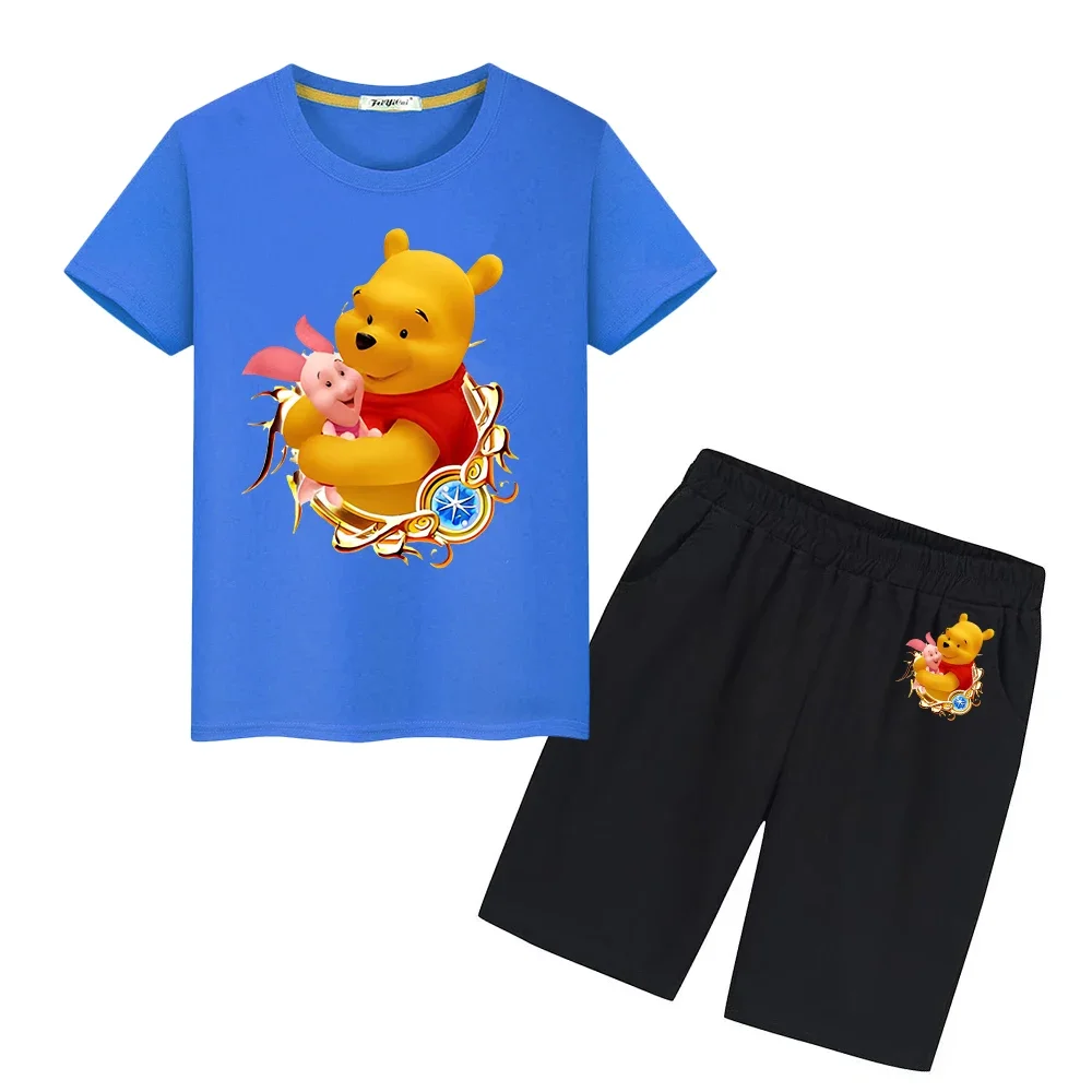 

Pooh Bear Print 100%Cotton T-shirt Kawaii Anime Tees boys girls Sports Sets Short+pant Disney Cute Tshirts kids boutique clothes