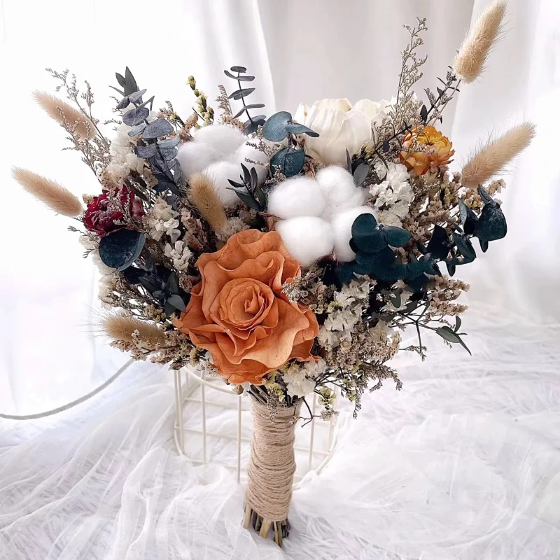 Naturalny bukiet ślubny z trawy pampasowej dla panny młodej Sztuczny bukiet kwiatów róży Bridesmaid Boho Wedding Home Decoration