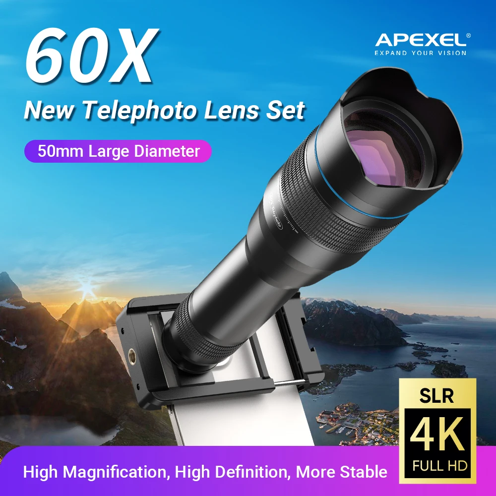 APEXEL HD 60x Telephoto Lens Mobile Phone Powerful Monocular Telescope Lens With Tripod for iPhone Bird Watching Travel Hunting
