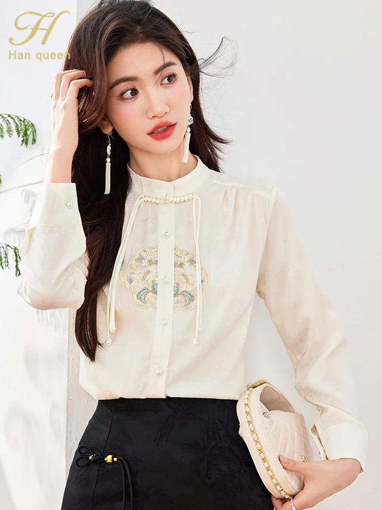 H Han Queen 2024 Autumn Tops Female Blouse Fashion Embroidered Simple Shirt Korean Chic Casual Blouse Long Sleeve Woman Clothing