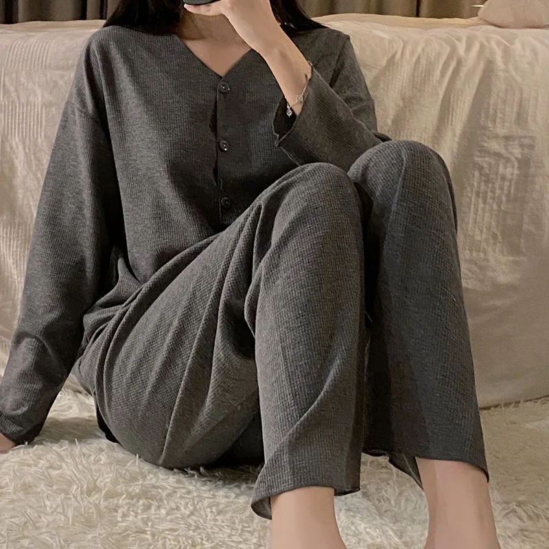 Simple Waffle Pajamas Sets For Women Casual Soft Female Home Sleepwear Cardigan Long Sleeve With Loose Pants 2Pcs Autumn Winter