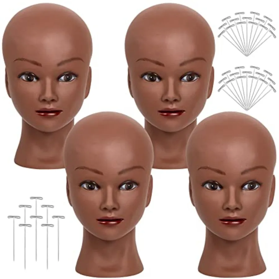 

4 Pcs Brown Bald Mannequin Head with Realistic Female Doll Wigs for Professional Cosmetology Face Makeup Practice and Display I