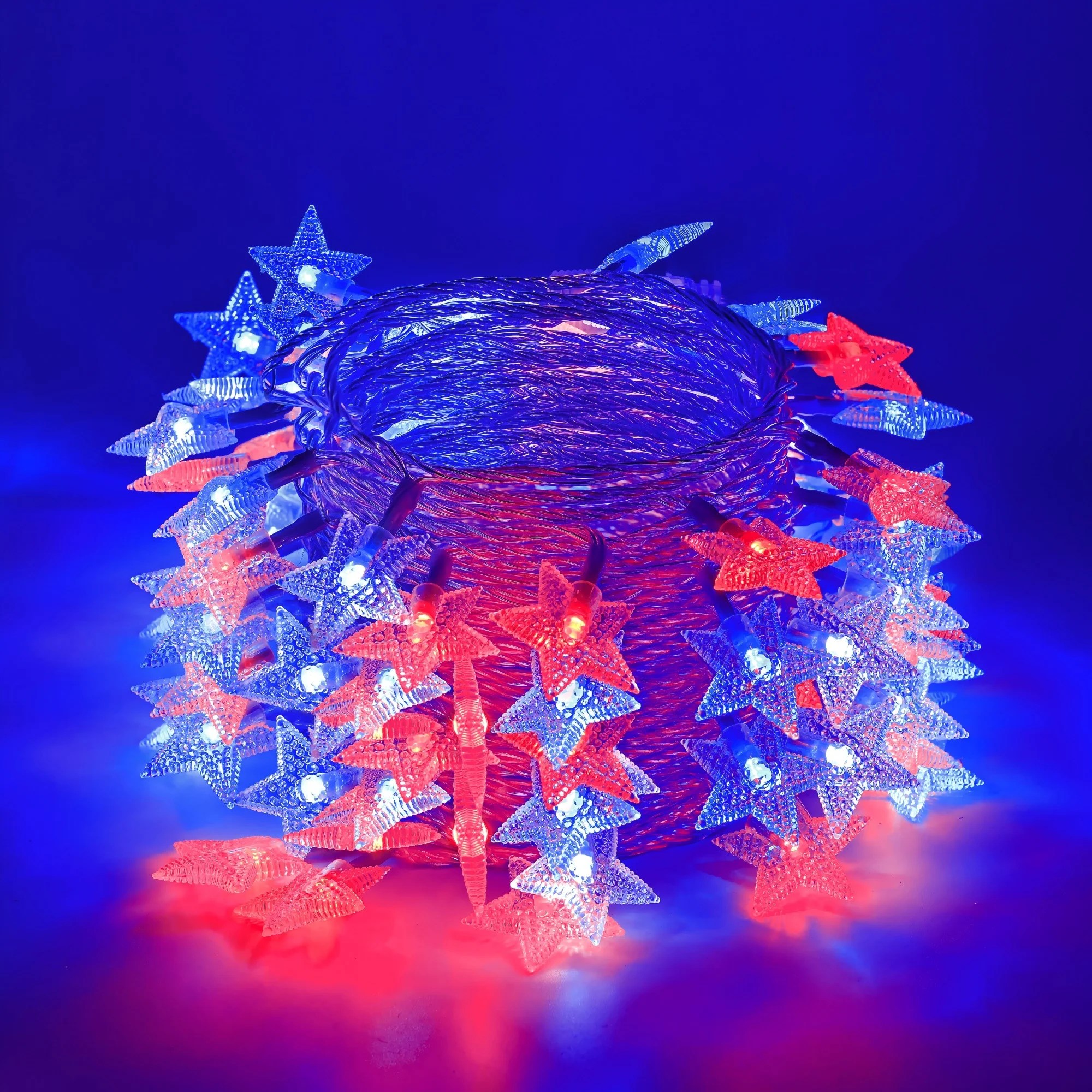 100LED 51FT Red White Blue Star Lights Waterproof Extendable Plug-In Decorative String for Indoor/Outdoor 4th of July Independen