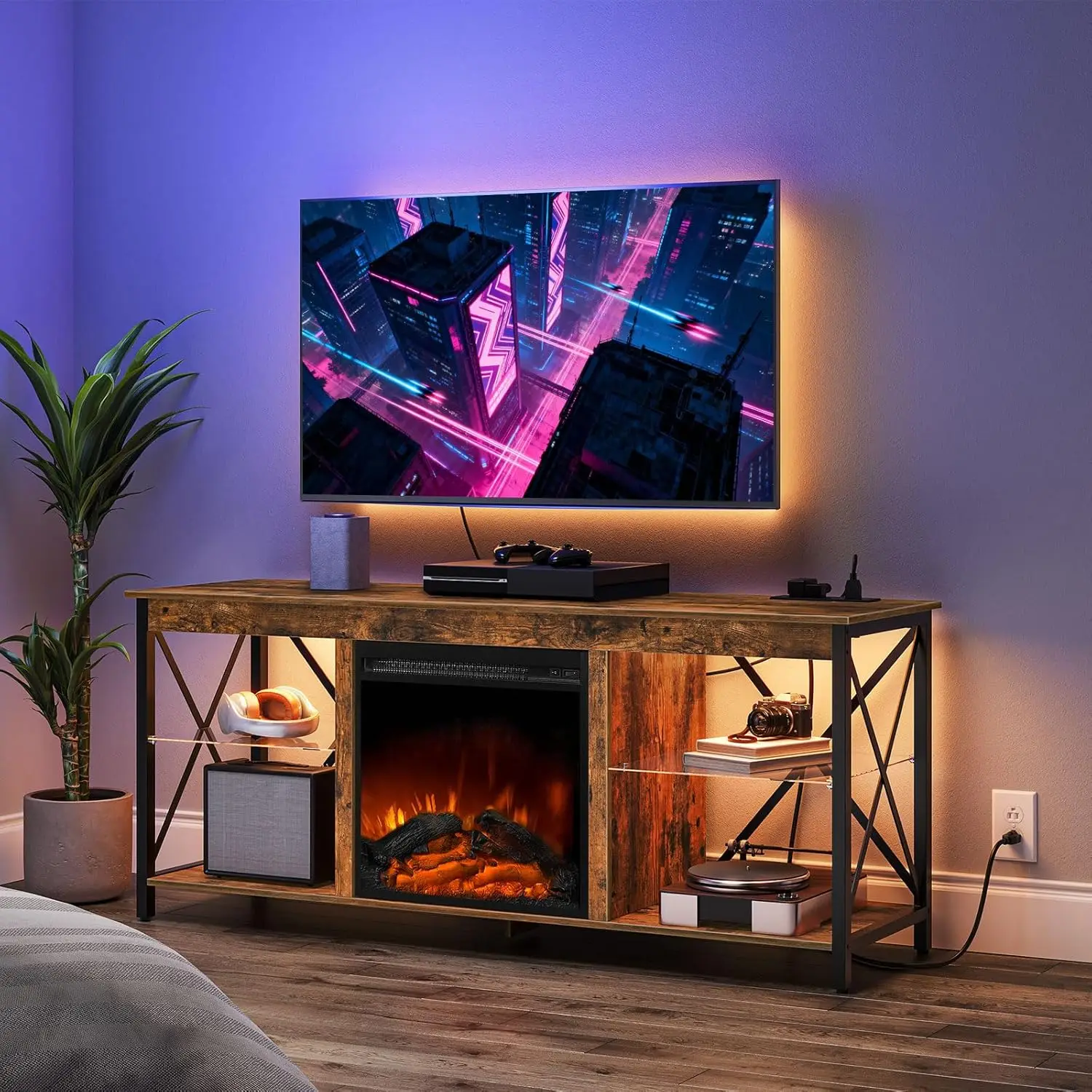 

Подставка для телевизора с электрическим камином со светодиодной подсветкой и зарядной станцией, вмещает телевизоры 65 дюймов, коричневый и черный в деревенском стиле