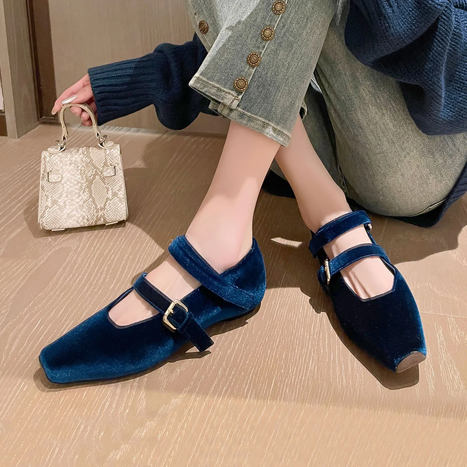 

Arden Furtado 2025 Spring Black velvet Mary Jane Flats Square toe word-cingulate Low heel Increased Internal Single shoe