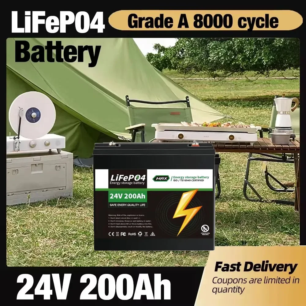 

100% New LiFePo4 24V 200Ah lithium iron phosphate battery Built-in 200A BMS,for Solar Marine Overland Off-Grid LiFePo4 Battery
