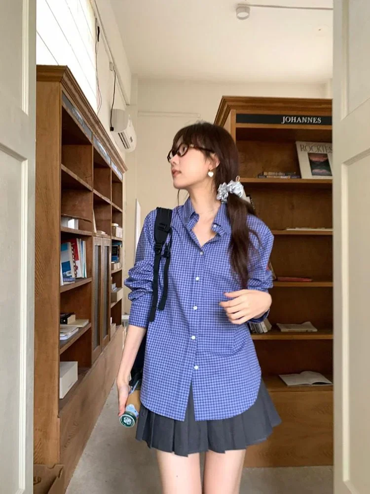 Camisas a cuadros azules Vintage para mujer, blusa a cuadros con Bordado de letras Harajuku, ropa de Camisa de moda coreana de gran tamaño para mujer