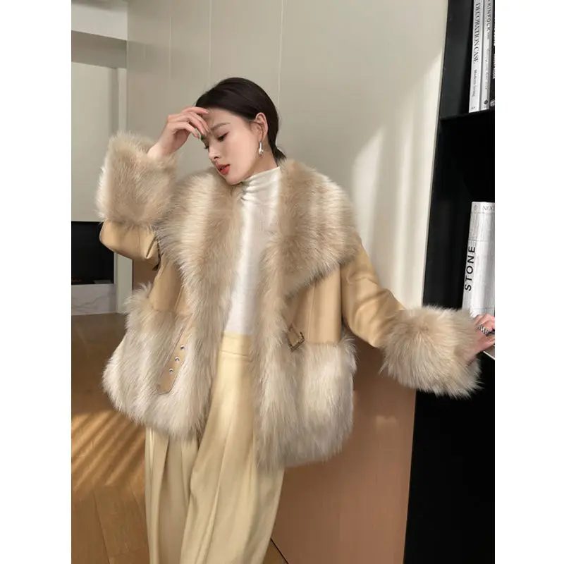 2022 Winter Women\'s Luxury Faux Fur Jacket Korean Lady Graceful Loose Warm Thick PU Leather Coats Personality Outerwear Female