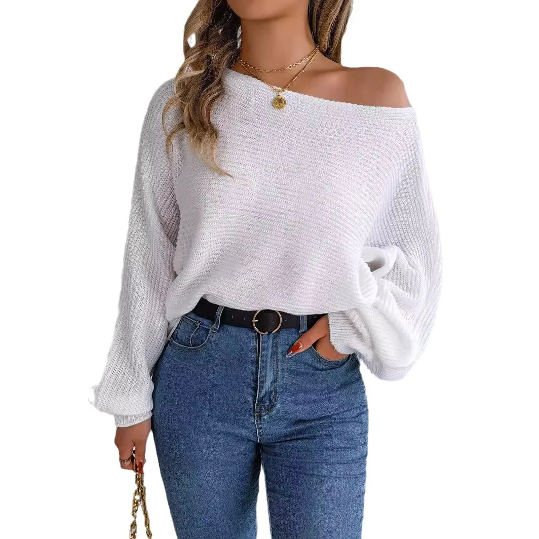 2024 women\'s sweater real shot autumn and winter casual loose one shoulder long sleeved solid color bat sleeve pullover sweater