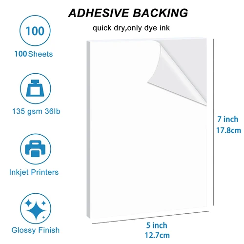 Imagen 2 del producto 100 hojas de papel adhesivo brillante para impresora de inyección de tinta, papel fotográfico autoadhesivo imprimible, 5x7 pulgadas, 135 g/m2, 36Ib, blanco brillante Dr