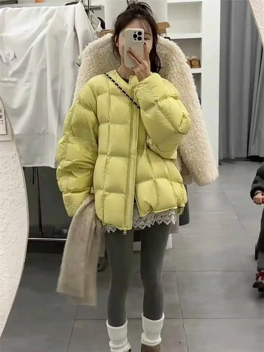 

Women's round Neck Block Pattern down Jacket Winter Coat Korean Style Small Size Trendy Loose Bread Style Outerwear