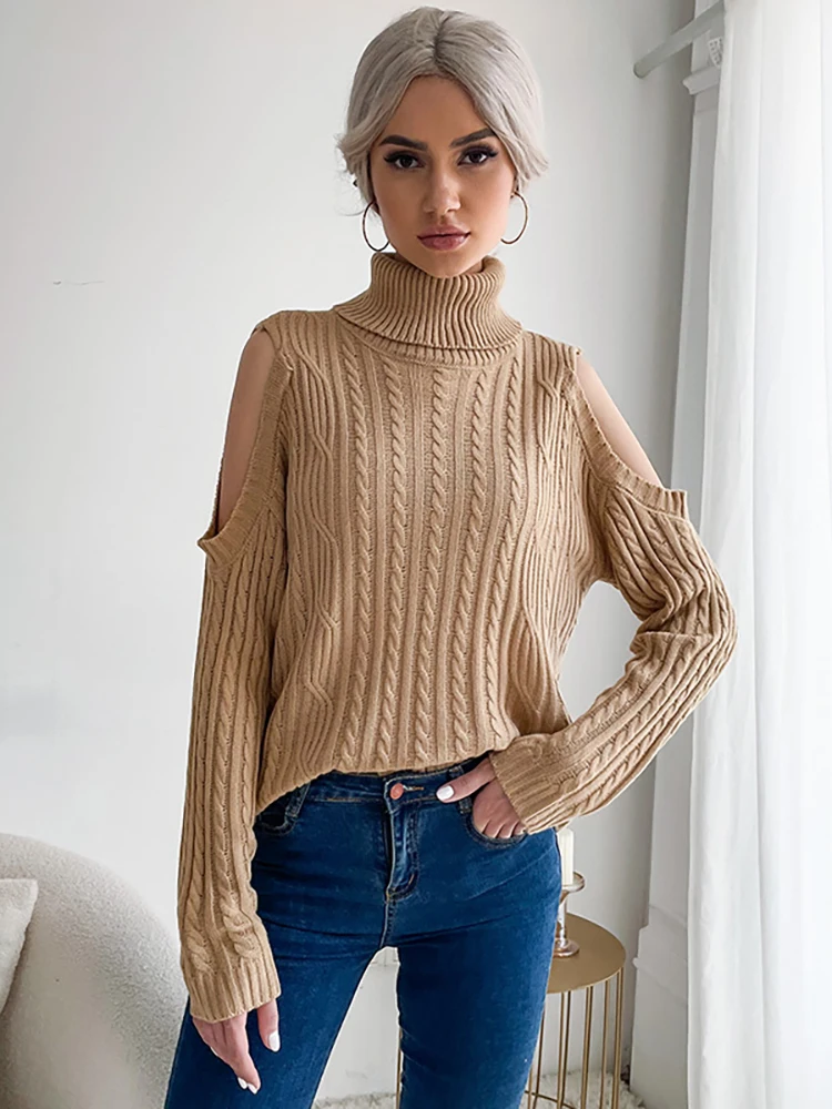 JIM & NORA  Half Turtleneck Sweater Women Knitwear Slim Solid Pullover Autumn And Exposed Arms Knitted Sweater Jumper Soft Pull