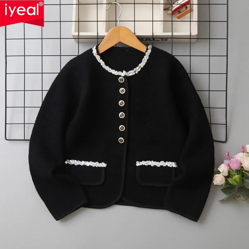 IYEAL Girls Elegant Tweed Style Lamb Wool Cardigan Sequin Trim Round Neck Button Kids Soft Warm Outerwear with Pockets