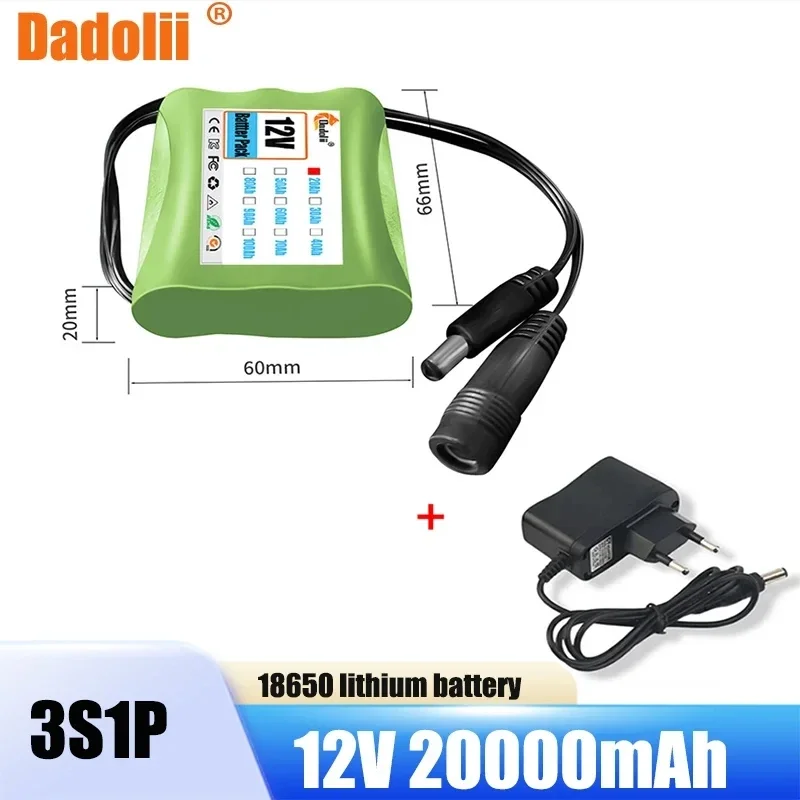 

12V 20000mAh 18650 Lithium Rechargeable Battery pack 3S1P for Speaker flashlight CCTV Camera GPS Portable search light equipment