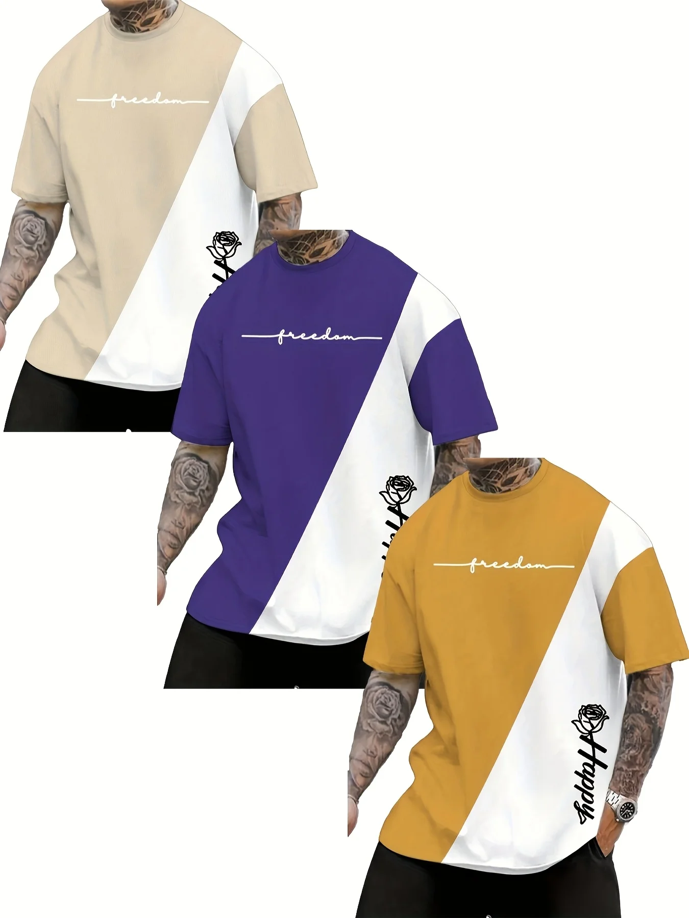 

3 шт., двухцветная повседневная футболка с 3D принтом, легкая быстросохнущая спортивная футболка с короткими рукавами, подходит для обычных мальчиков больших размеров