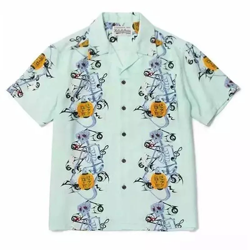 Trend Japanese Style WACKO MARIA Skeleton Lantern Drunken Loose Hip Hop Mens Womens Beach Vacation Hawaii Short Sleeve Shirt