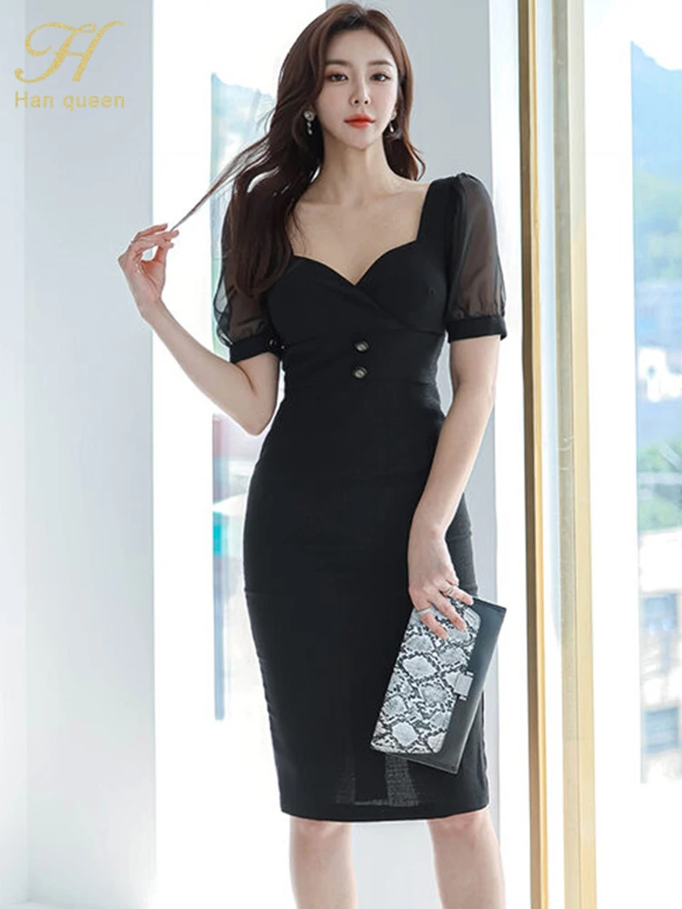 H Han Queen New Summer Women Black/White Sheath Pencil Dress Fashion Slim Sexy OL Work Bodycon Dresses Office Casual Vestidos