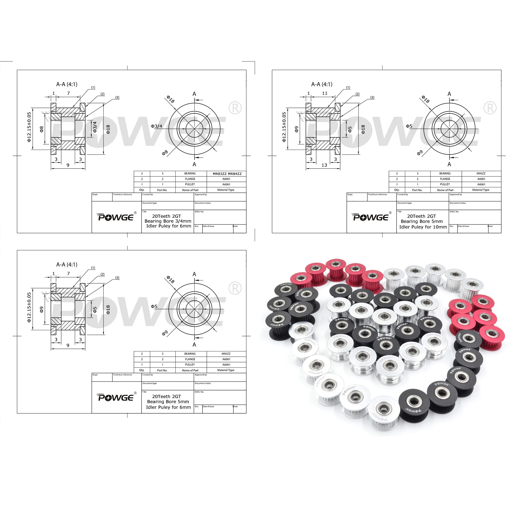 POWGE 2M 2GT 20 dents synchrone roue tendeur poulie alésage 3/4/5mm avec roulement noir pour GT2 courroie de distribution largeur 6MM 20 dents 20 T