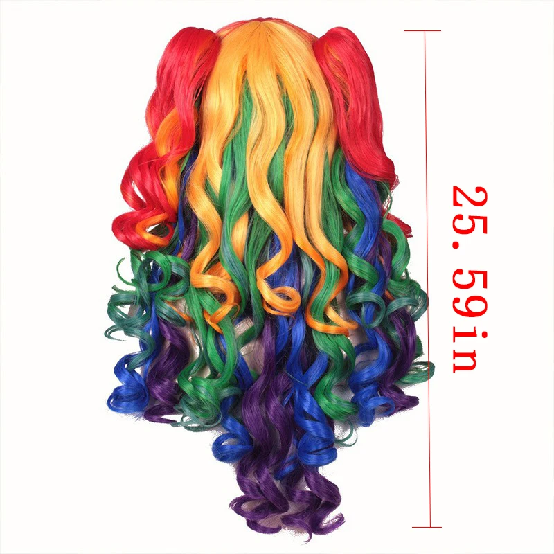 قوس قزح اللون طويل مجعد الشعر الكرة فستان احتفالي أغطية الرأس غطاء شعر مستعار حفلة عيد ميلاد الملابس والاكسسوارات شعر مستعار ذيل حصان مزدوج