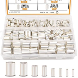 305 Pcs Wire Ferrules Kits Silver Plated Copper Crimp Terminal Connector 8 Sizes AWG (1/0 2/0 2 4 6 8 10 12) Sleeves Insulated