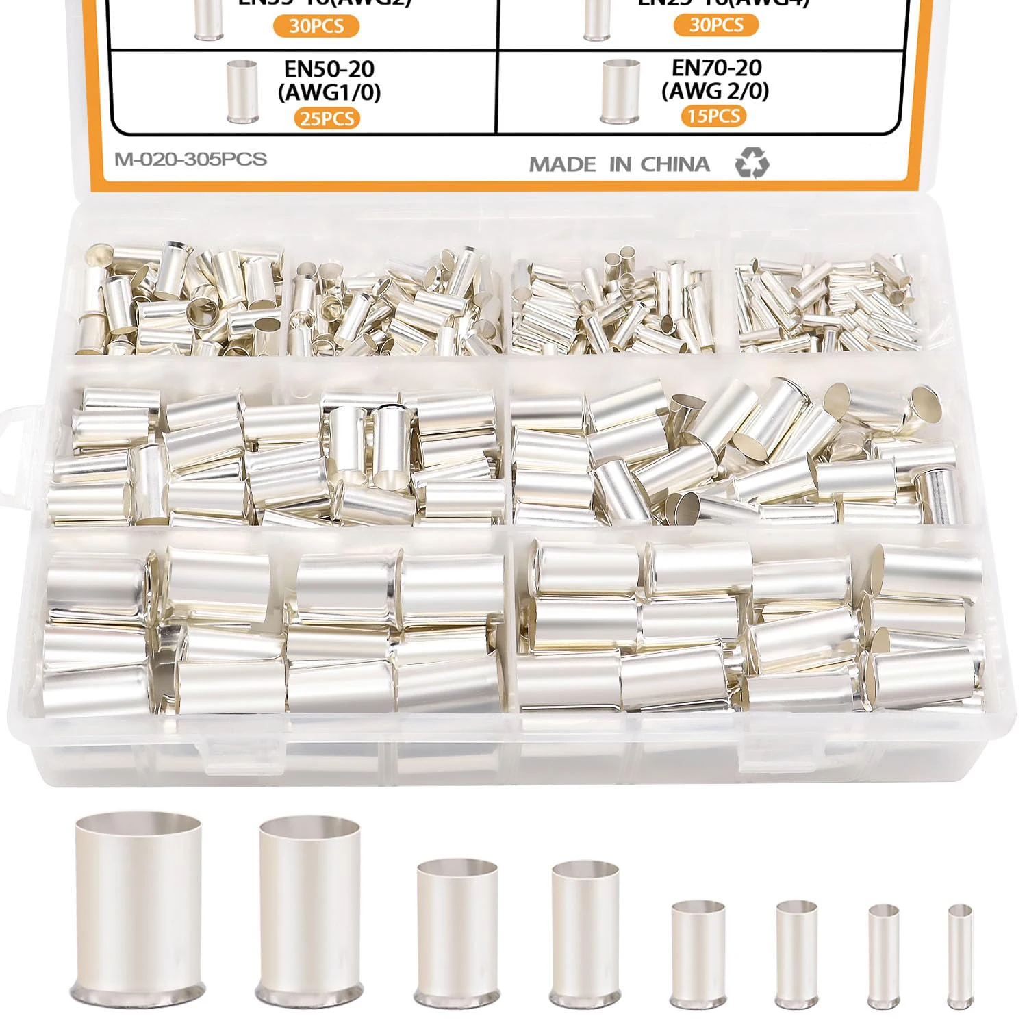 305 Pcs Wire Ferrules Kits Silver Plated Copper Crimp Terminal Connector 8 Sizes AWG (1/0 2/0 2 4 6 8 10 12) Sleeves Insulated