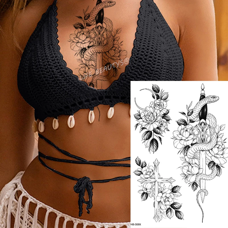 Tatouage temporaire imperméable, autocollant de beauté, fleur, Rose, Flash, Dragon, tigre, serpent, bras d'art corporel, faux tatouage 3D pour femmes, DIY bricolage