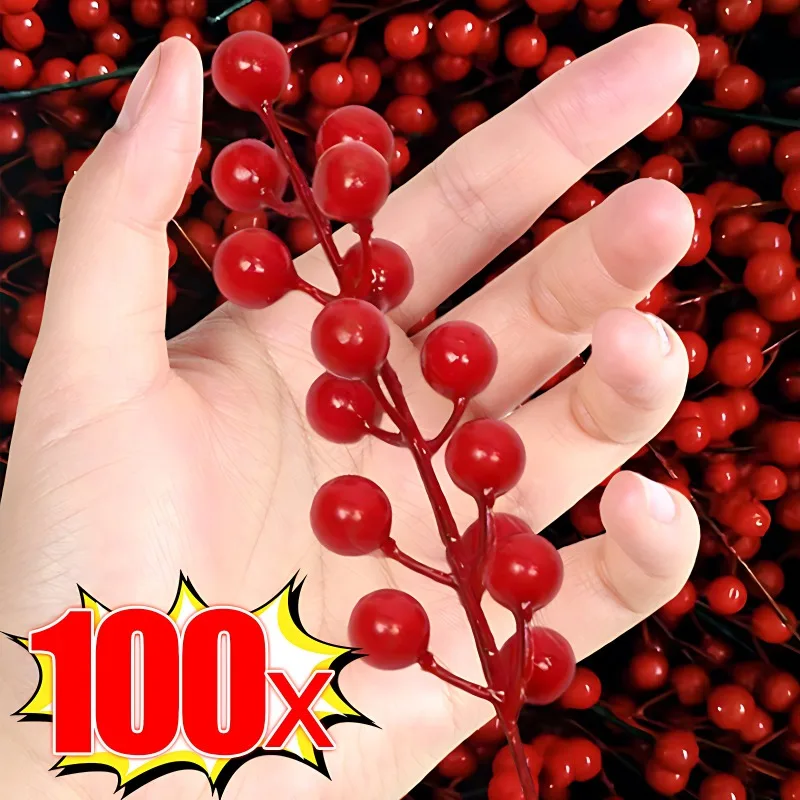 Wholesale Artificial Red Berries Stems Simulation Christmas Holly Berry Branches DIY Wreath Xmas Tree Party Home Table Decor